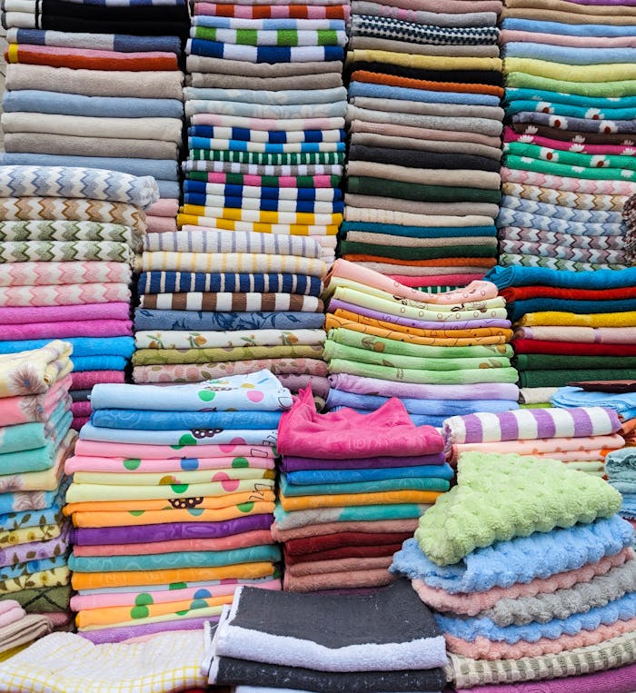 A vibrant display of folded textiles showcasing a variety of colors and patterns.